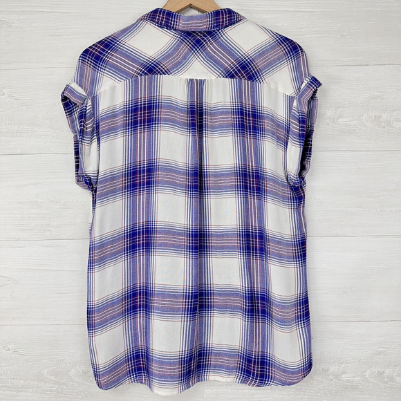 Rails Britt Plaid Button Up Shirt Women XS Cap Short Sleeve Blue White Western - Picture 6 of 13